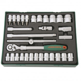 Jgo. de dados milimétricos, cortos 6 puntas con accesorios, mando de 1/2", charola con 31 pzas