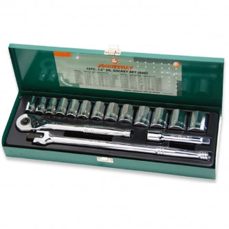 Jgo. de dados en pulgadas, cortos 12 puntas mando 1/2", caja metálica con 16 pzas.