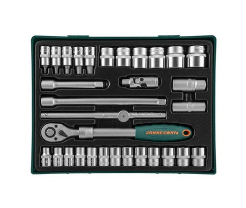 JONS04H4131SP Juego de dados milimétricos, cortos 6 puntas con accesorios, mando de 1/2"